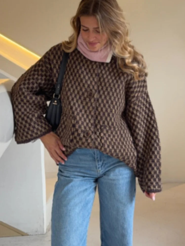 Fashion Lapel Plaid Knit Cardigan Women Loose Single Breasted Pocket Warm Jackets 2025 Autumn Winter Chic Lady Knitwear New Coat