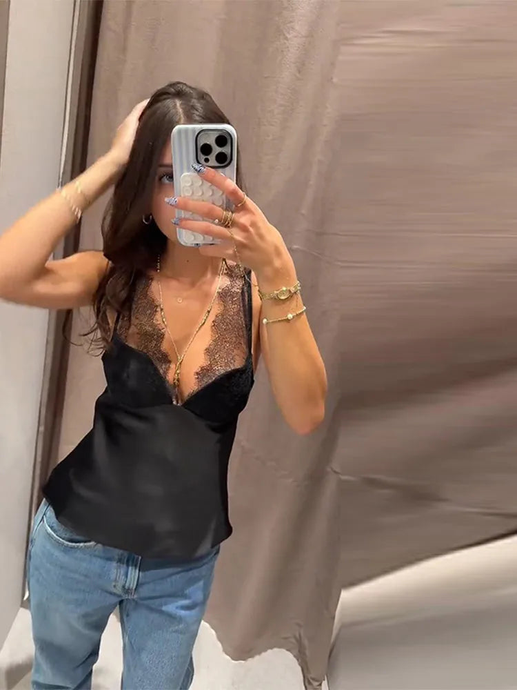 Sexy Women's Sling Lace Silk-Faced N-Neck Black Sleeveless Lady Top 2025 Autumn Winter Elegant Women Vest Streetwear