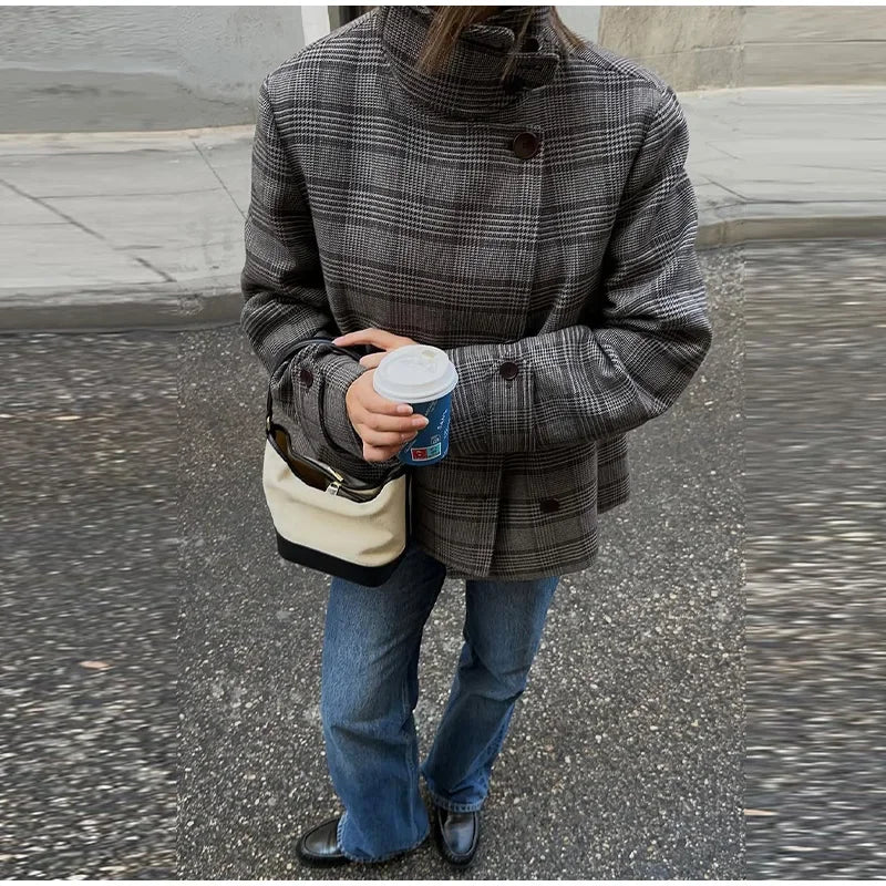 Elegant Plaid Woolen Jacket Women Loose Full Sleeve Stand Collar Double Breasted Coat Female 2026 Spring Chic Outwear Lady New