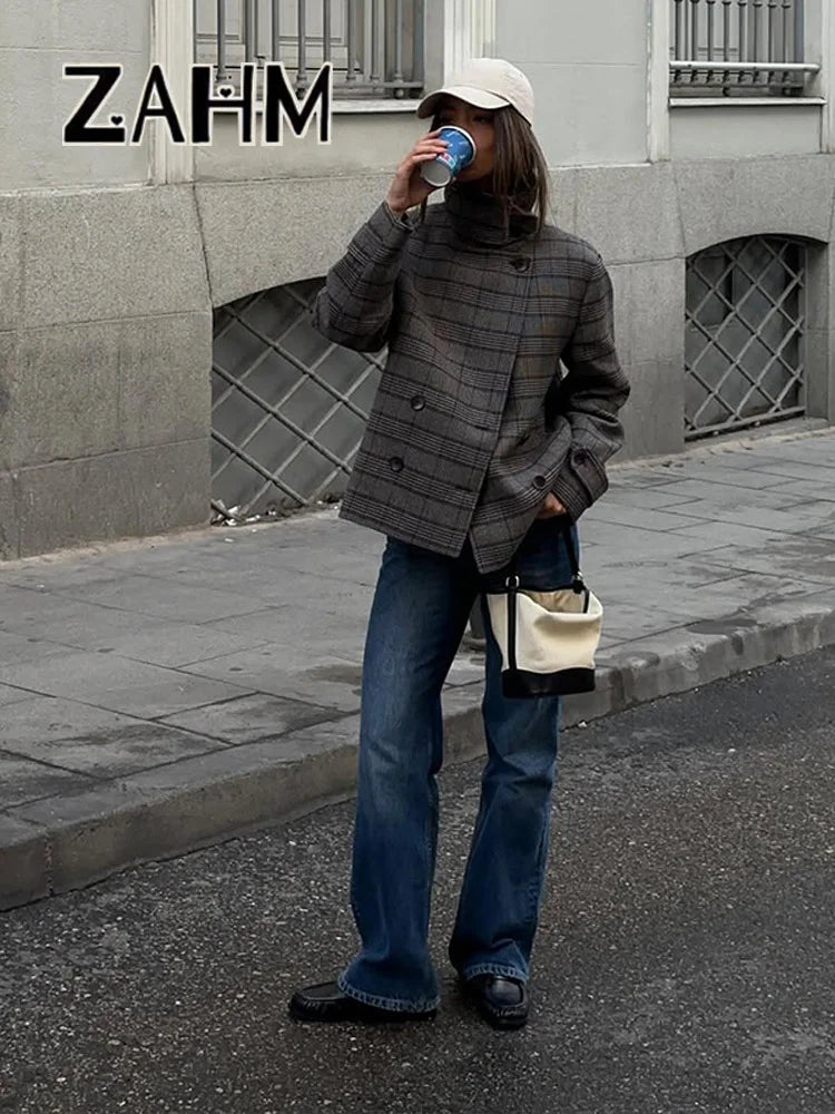 Elegant Plaid Woolen Jacket Women Loose Full Sleeve Stand Collar Double Breasted Coat Female 2026 Spring Chic Outwear Lady New