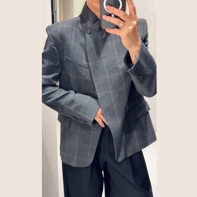 Elegant Plaid Woolen Jacket Women Loose Full Sleeve Stand Collar Double Breasted Coat Female 2026 Spring Chic Outwear Lady New