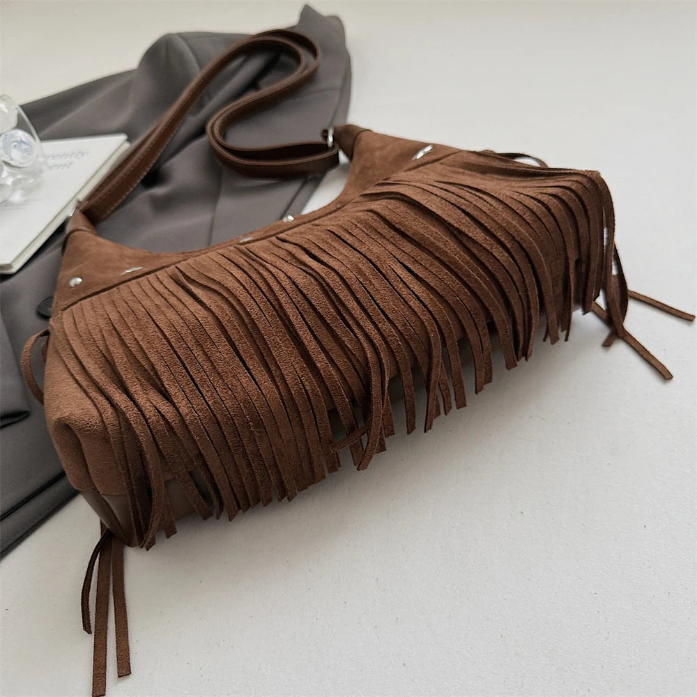 MOODS Fashion Shoulder Bags For Women Rivets Tassels Decored PU Suede Cross Body Bag 2025 Autumn Latest Luxury Designer Handbags