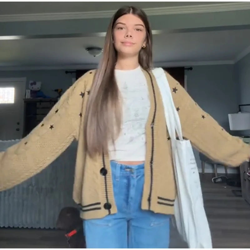 Elegant Star Print Knit Cardigan Women's Loose Long Sleeve Single Breasted Sweater 2025 Autumn Lady Fashion Soft Cozy Cover Up