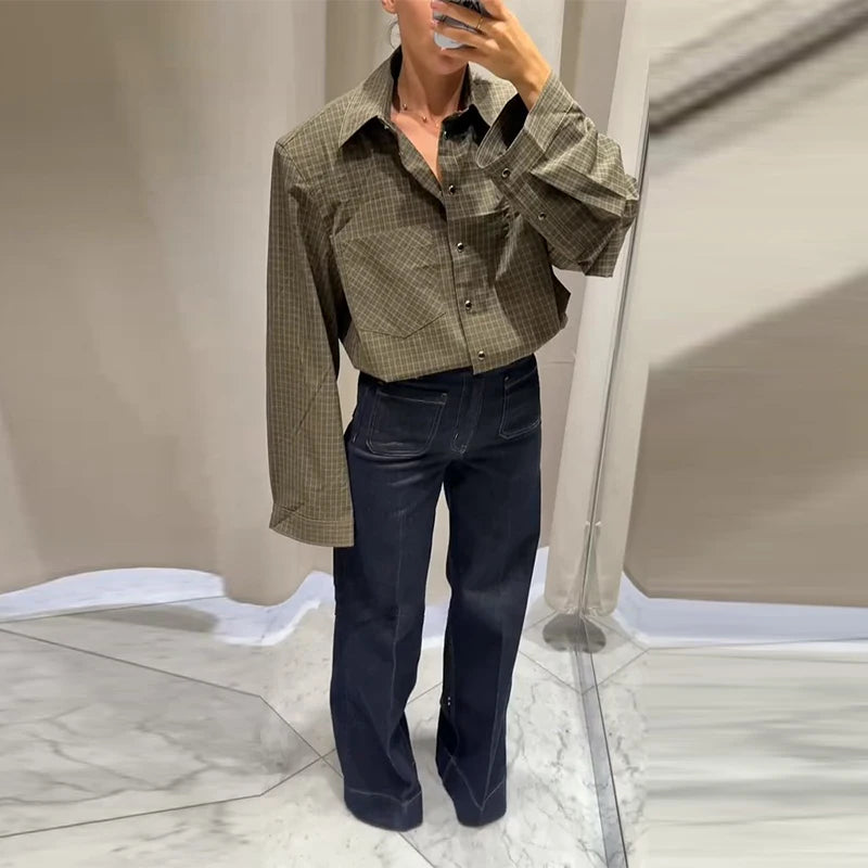 Casual Women's Grid Shirts Shoulder Pad Turn-Down Collar Button Loose Lady Shirt 2026 Spring Fashion Female Street Outwear