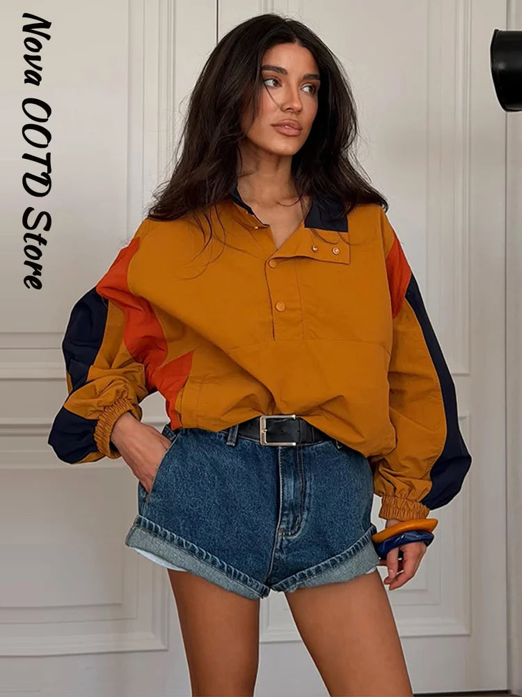 Fashion Color Blocking Women's Cropped Coats Autumn Patchwork Lapel Full Sleeve Loose Jacket New Casual Street Outwear 2026