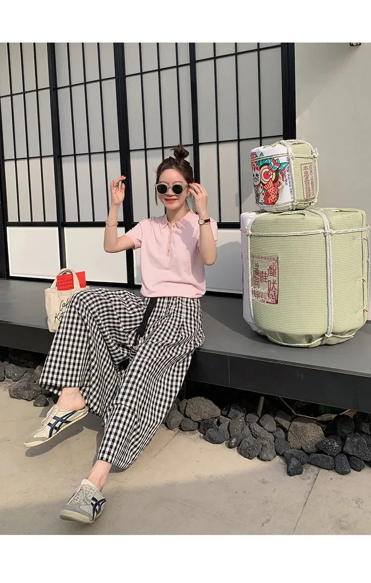 Plaid Wide-leg Skort Women's Spring Autumn New Elastic Waist A- line Half Umbrella Skirt Loose-fit Versatile Casual Trousers
