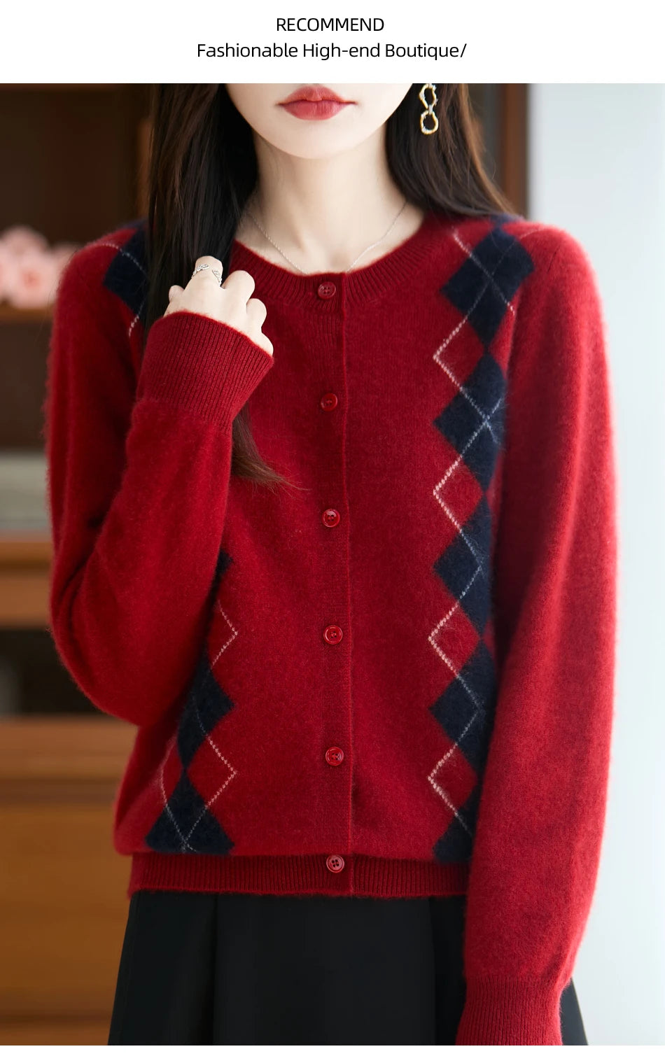 Quality Women's 100% Merino Wool O-neck Diamond Grid Jacquard Cardigan Autumn Winter Casual Sweater Basic Simple Comfort Knitted