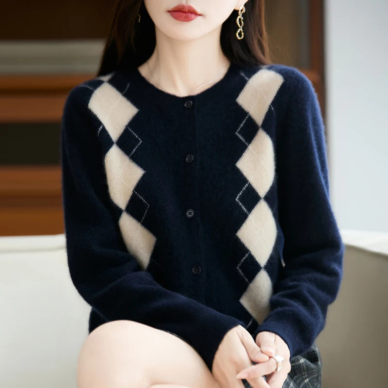 Quality Women's 100% Merino Wool O-neck Diamond Grid Jacquard Cardigan Autumn Winter Casual Sweater Basic Simple Comfort Knitted