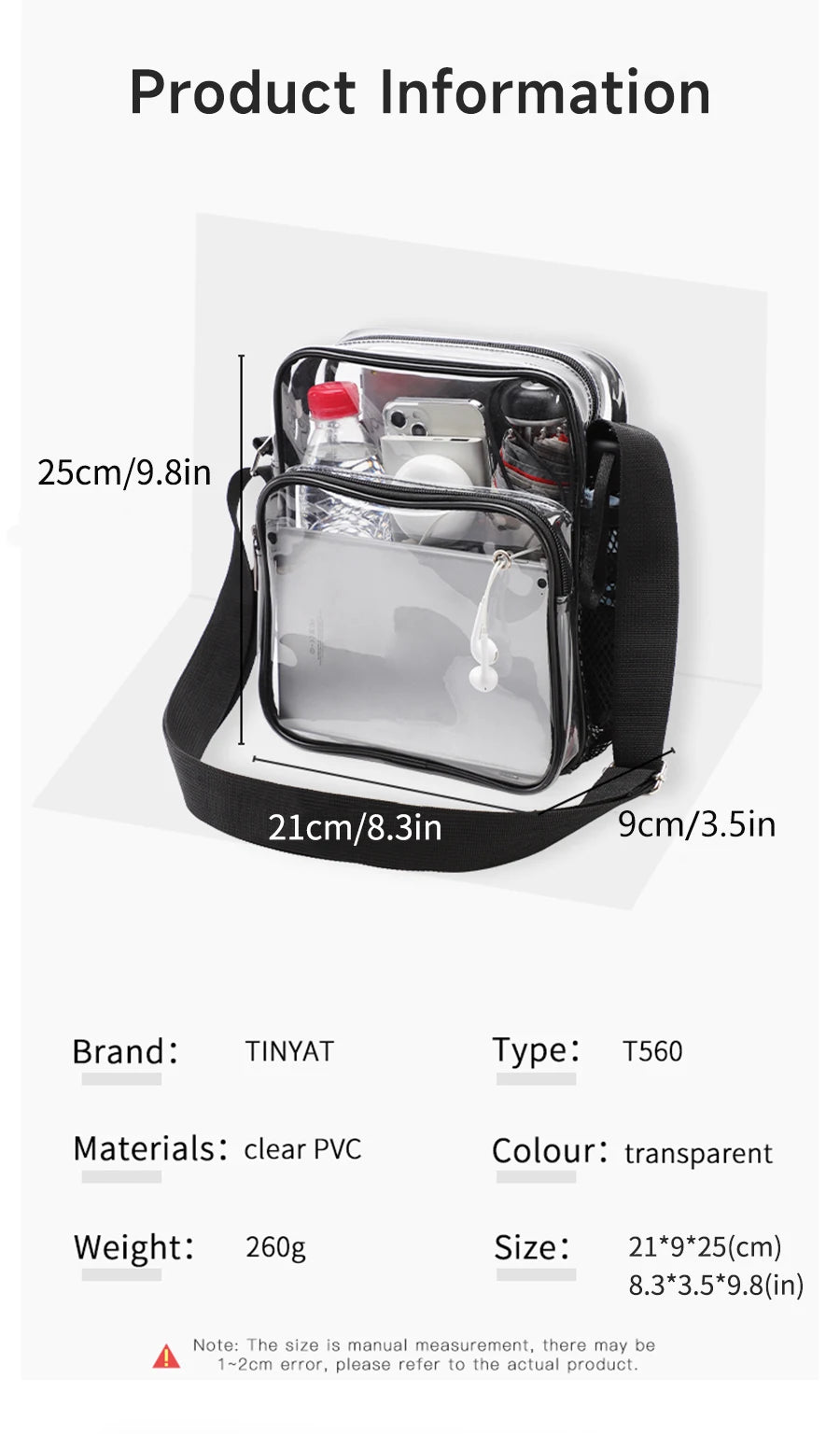 TINYAT Women Lightweight Mesh Strap Waterproof Transparent pvc Bags Put Lost Headphone Jack Umbrella Cell Phone 9.7 inch iPad