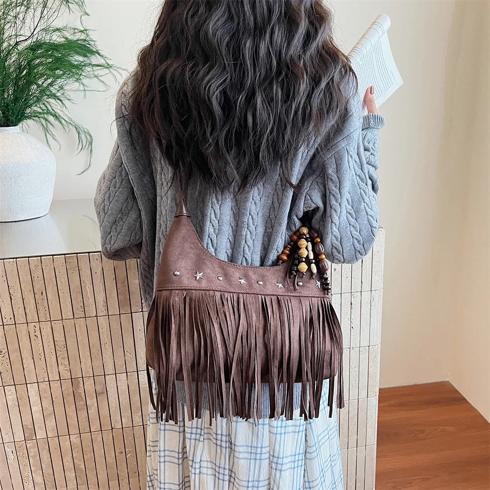 MOODS Fashion Shoulder Bags For Women Rivets Tassels Decored PU Suede Cross Body Bag 2025 Autumn Latest Luxury Designer Handbags