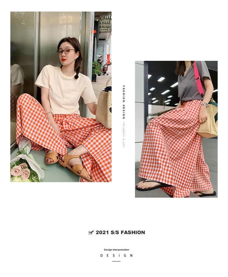 Plaid Wide-leg Skort Women's Spring Autumn New Elastic Waist A- line Half Umbrella Skirt Loose-fit Versatile Casual Trousers