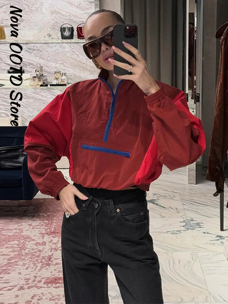 Fashion Color Blocking Women's Cropped Coats Autumn Patchwork Lapel Full Sleeve Loose Jacket New Casual Street Outwear 2026
