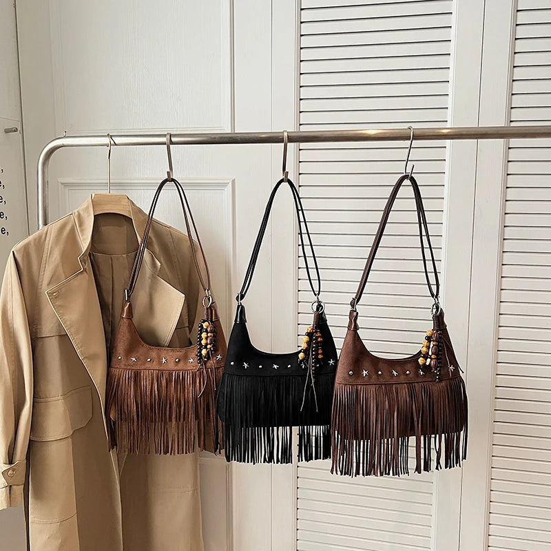 MOODS Fashion Shoulder Bags For Women Rivets Tassels Decored PU Suede Cross Body Bag 2025 Autumn Latest Luxury Designer Handbags