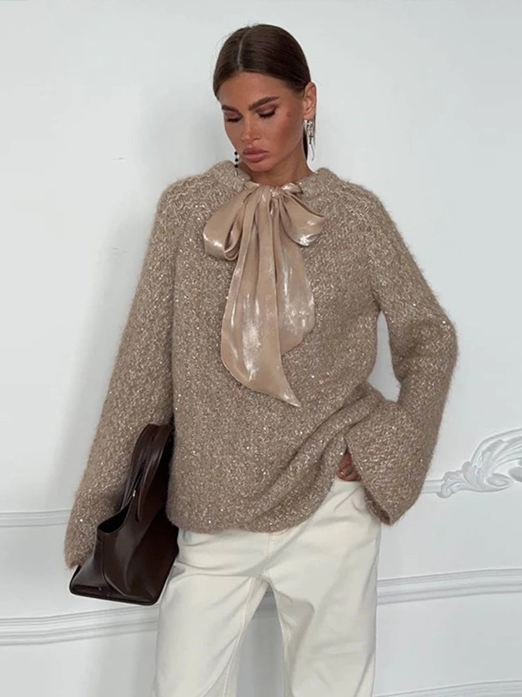 Shiny Thread Knit Pullover Women Loose O Neck Lace Up Bow Long Sleeves Sweater Female 2025 Autumn Winter New Chic Solid Knitwear