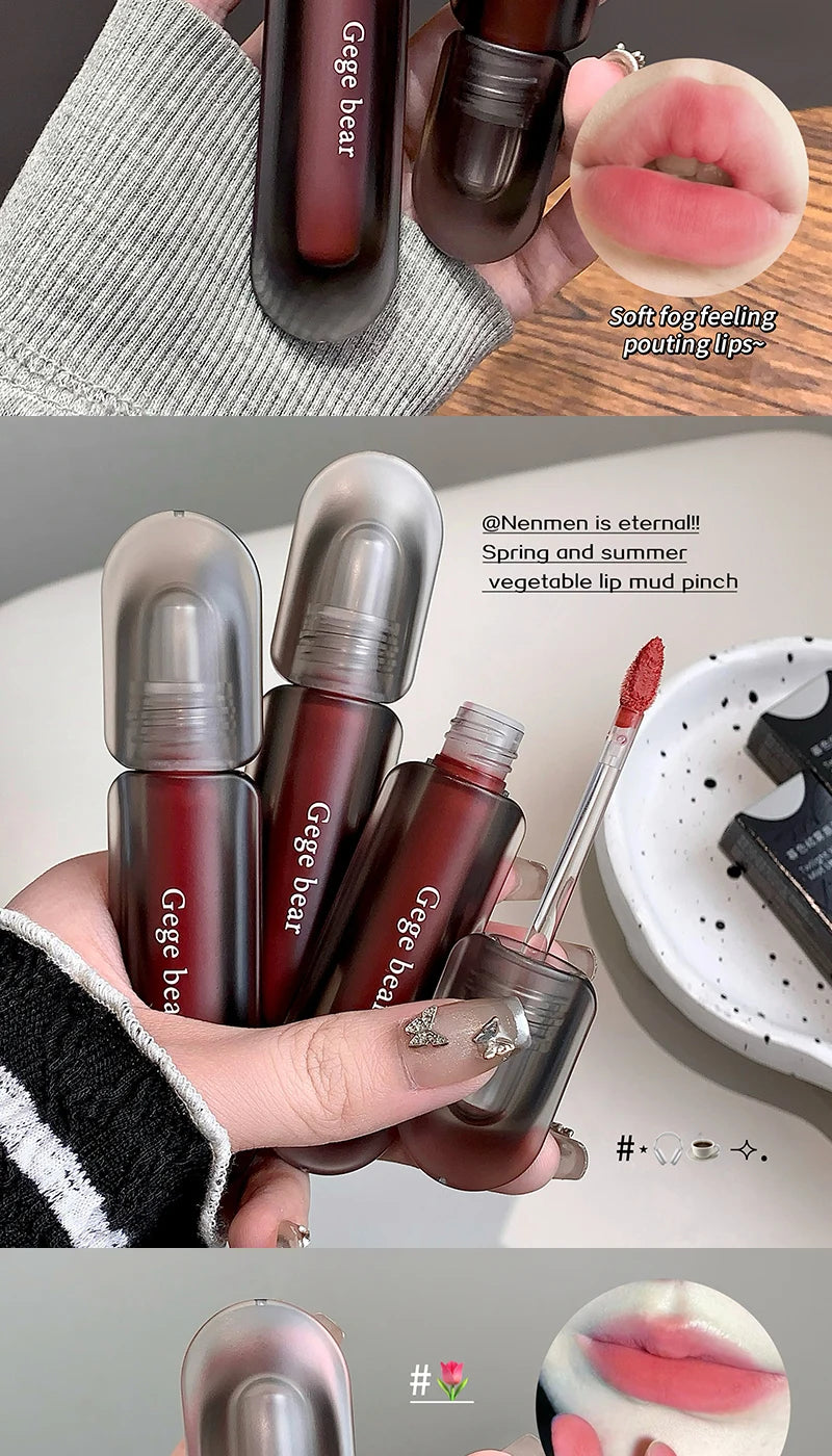 Gege bear Twilight Velvet Mist Lip Clay Matte Pure Color, Autumn and Winter Lip Glaze Rich and feminine,Apply makeup naturally
