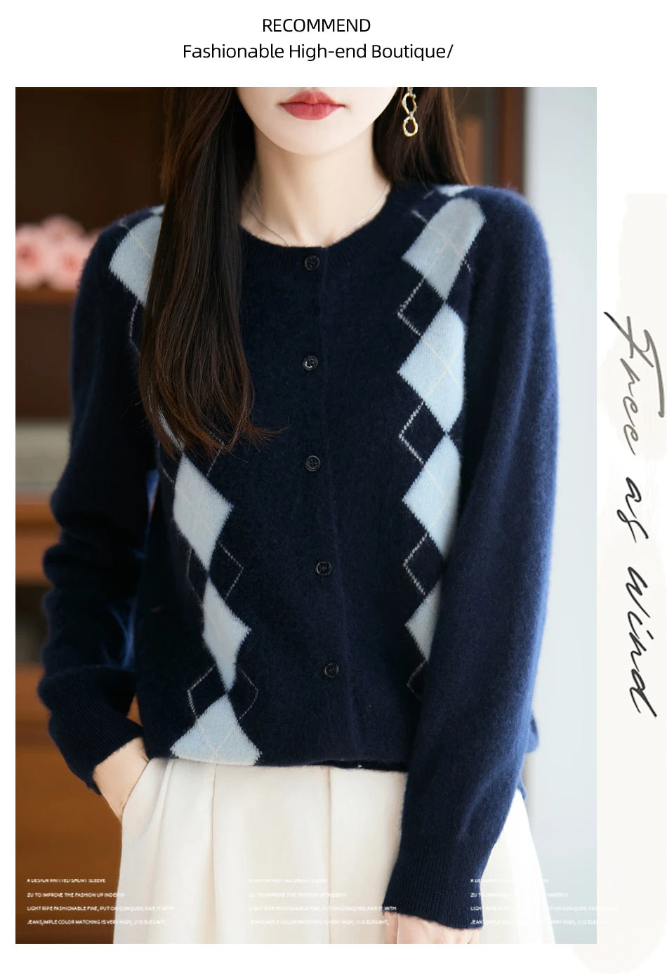 Quality Women's 100% Merino Wool O-neck Diamond Grid Jacquard Cardigan Autumn Winter Casual Sweater Basic Simple Comfort Knitted