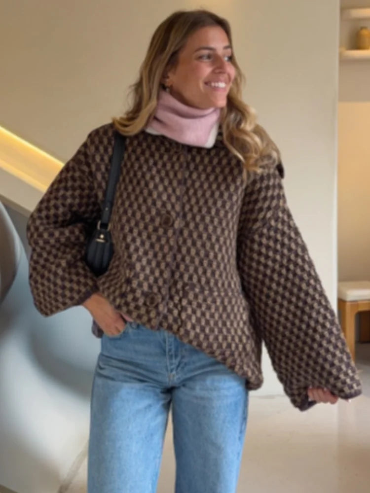Fashion Lapel Plaid Knit Cardigan Women Loose Single Breasted Pocket Warm Jackets 2025 Autumn Winter Chic Lady Knitwear New Coat