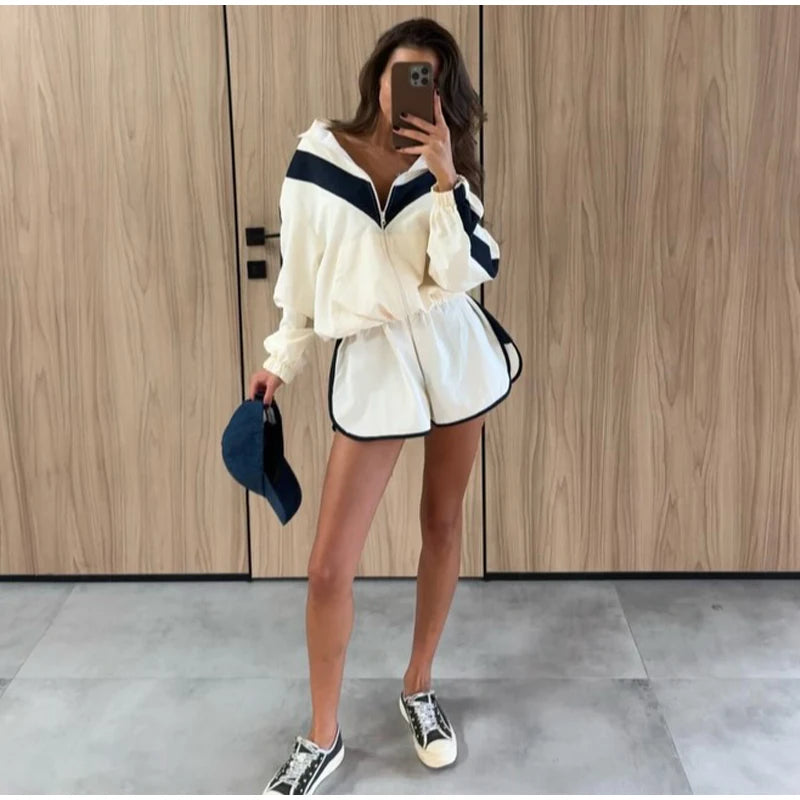 Fashion Color Blocking Women's Cropped Coats Autumn Patchwork Lapel Full Sleeve Loose Jacket New Casual Street Outwear 2026