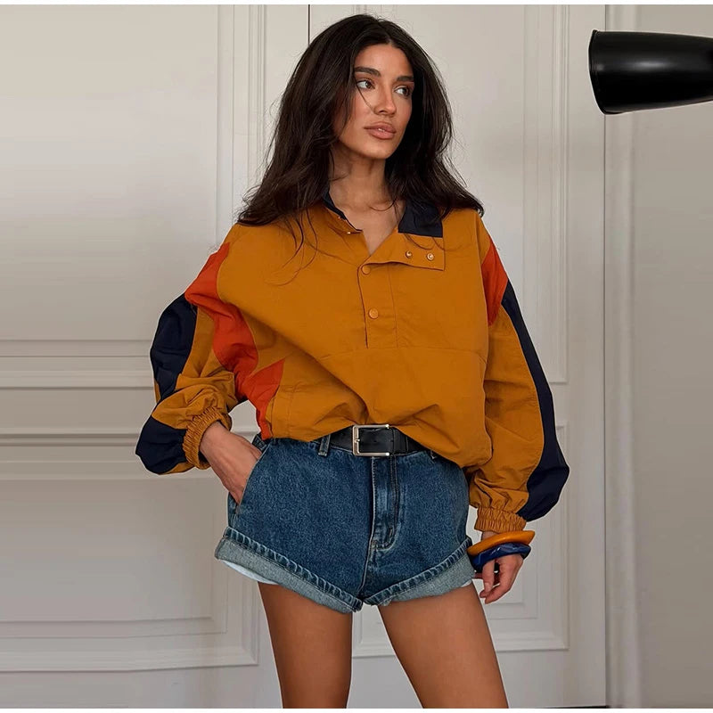 Casual Contrast Color Women's Coat Long Sleeve Loose Stand Collar Button Lady Jackets 2026 Fashion Female Autumn Outerwear
