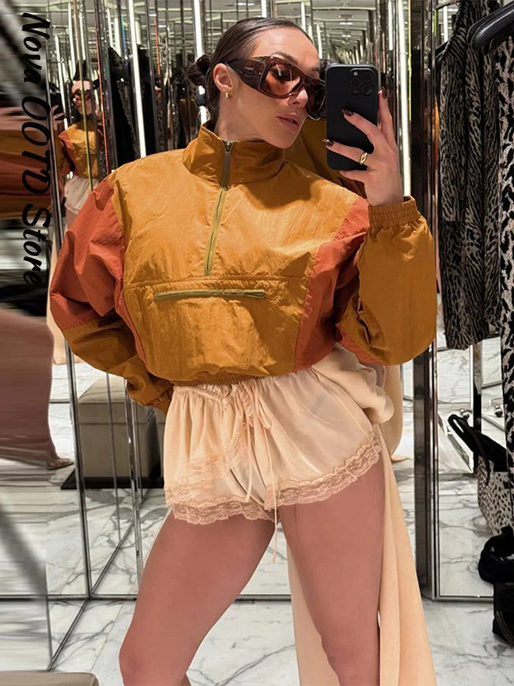 Fashion Color Blocking Women's Cropped Coats Autumn Patchwork Lapel Full Sleeve Loose Jacket New Casual Street Outwear 2026