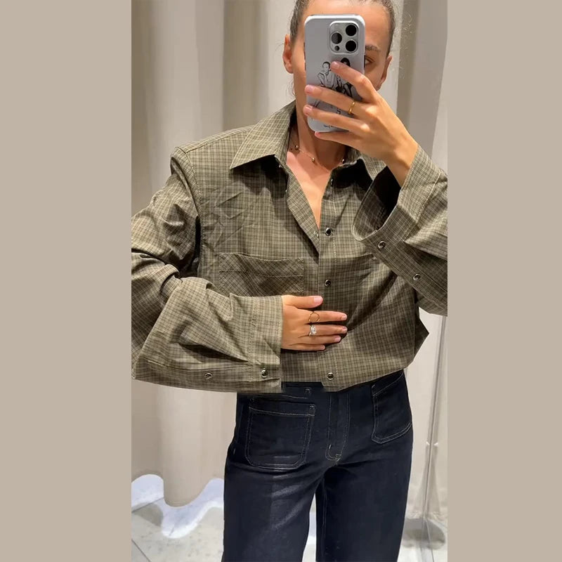 Casual Women's Grid Shirts Shoulder Pad Turn-Down Collar Button Loose Lady Shirt 2026 Spring Fashion Female Street Outwear