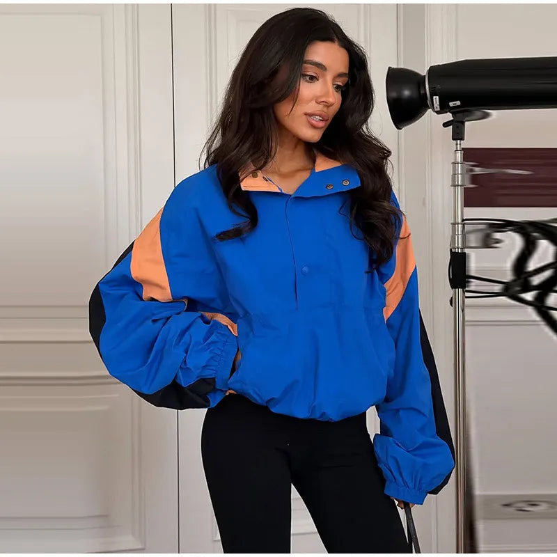 Casual Contrast Color Women's Coat Long Sleeve Loose Stand Collar Button Lady Jackets 2026 Fashion Female Autumn Outerwear