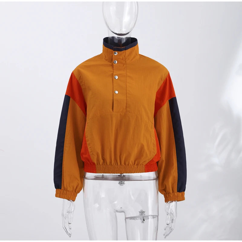 Casual Contrast Color Women's Coat Long Sleeve Loose Stand Collar Button Lady Jackets 2026 Fashion Female Autumn Outerwear