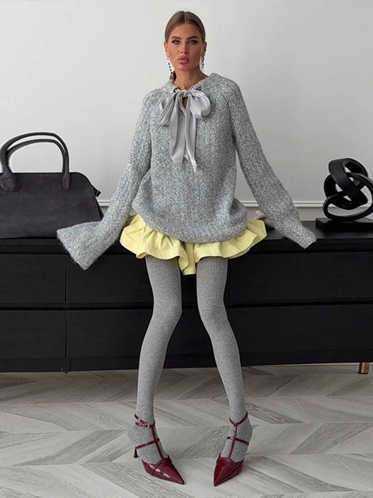 Shiny Thread Knit Pullover Women Loose O Neck Lace Up Bow Long Sleeves Sweater Female 2025 Autumn Winter New Chic Solid Knitwear