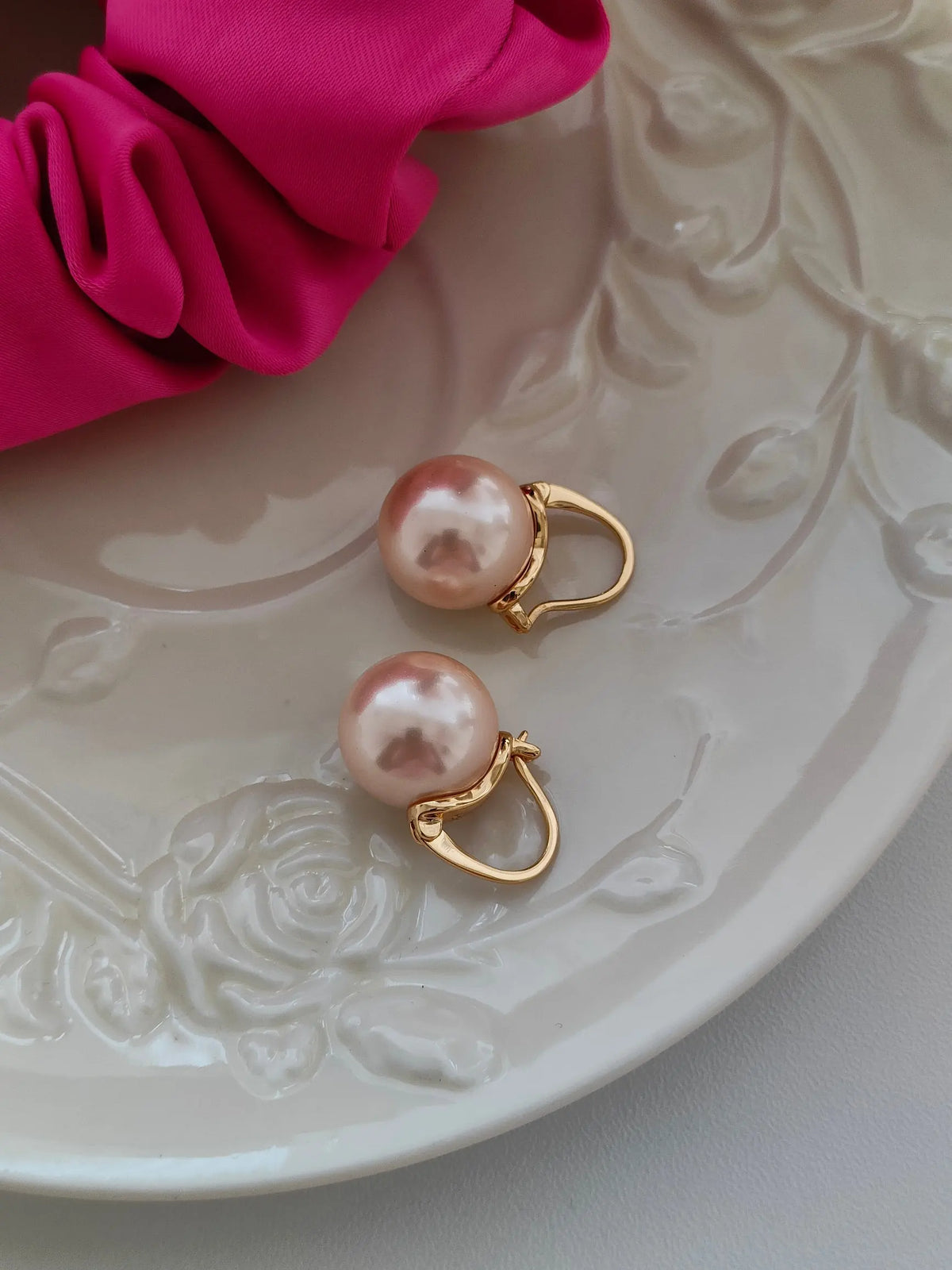 VOBIPY 925 Sterling Silver Earring Pink Color Pearl Earring For Women Wedding Party Gift Fashion Jewelry 12-14mm Shell Pearl