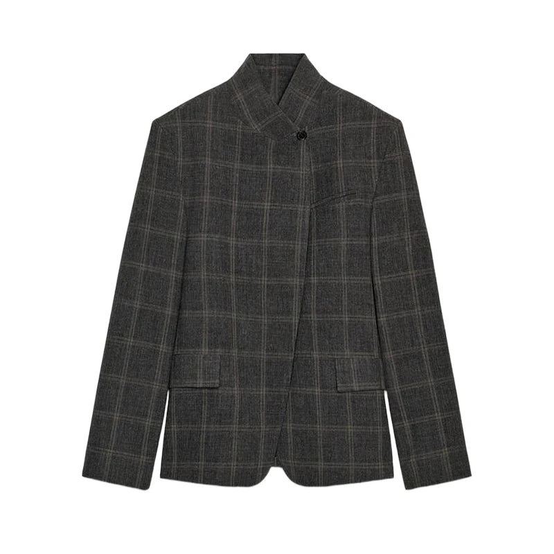 Elegant Plaid Woolen Jacket Women Loose Full Sleeve Stand Collar Double Breasted Coat Female 2026 Spring Chic Outwear Lady New