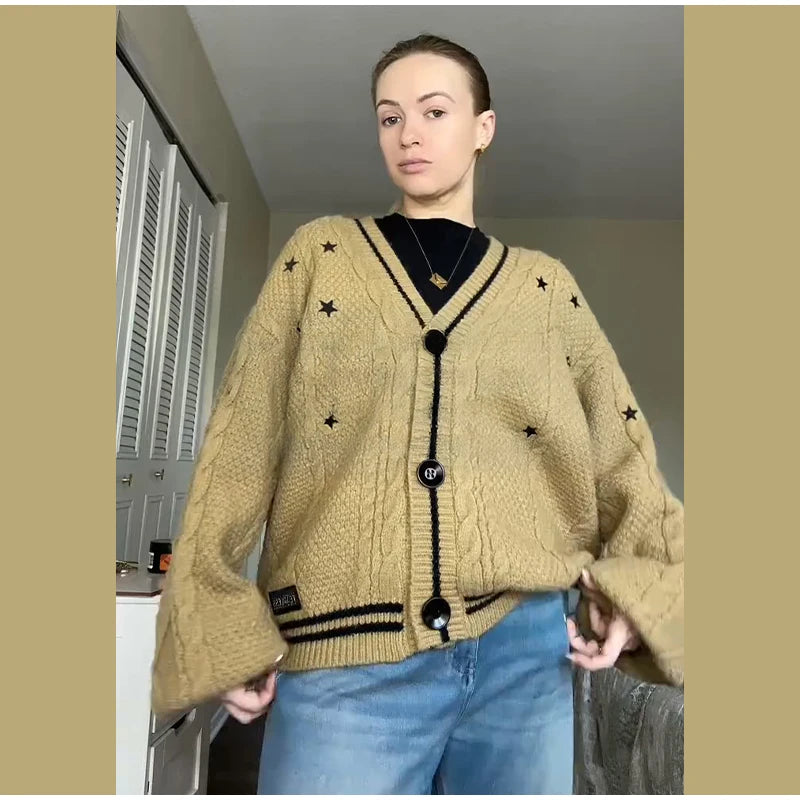 Elegant Star Print Knit Cardigan Women's Loose Long Sleeve Single Breasted Sweater 2025 Autumn Lady Fashion Soft Cozy Cover Up