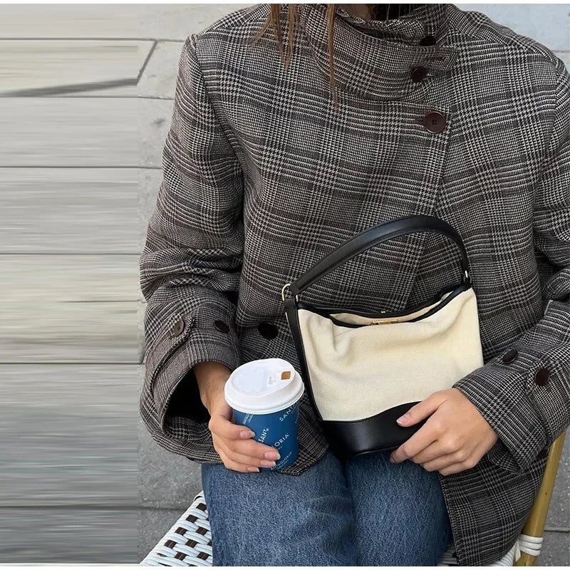 Elegant Plaid Woolen Jacket Women Loose Full Sleeve Stand Collar Double Breasted Coat Female 2026 Spring Chic Outwear Lady New