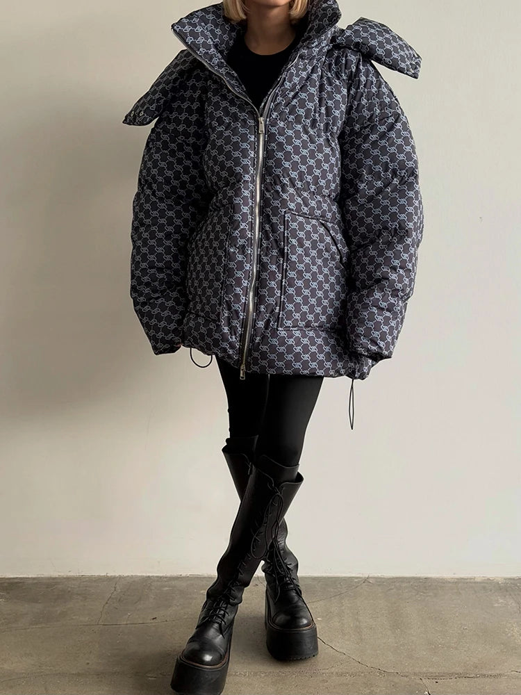 2026 Winter Printed Hooded Puffer Coat Stand Collar Zip Up Big Pockets Women Street Casual Daily Fashion Outfit Trendy Outerwear