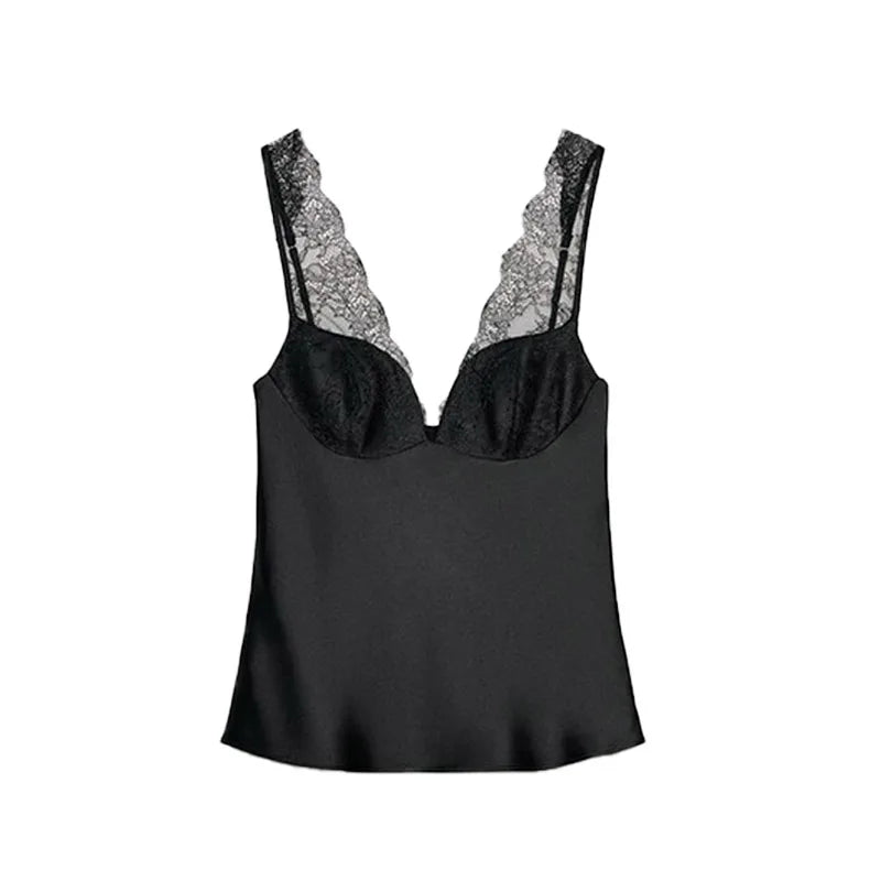 Sexy Women's Sling Lace Silk-Faced N-Neck Black Sleeveless Lady Top 2025 Autumn Winter Elegant Women Vest Streetwear