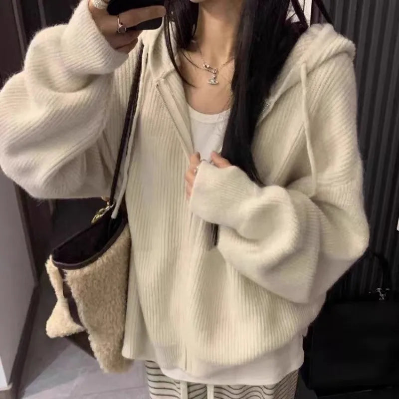 High-end zipper hooded pure cashmere knitted cardigan women's autumn and winter loose woolen coat hoodie and wool jacket