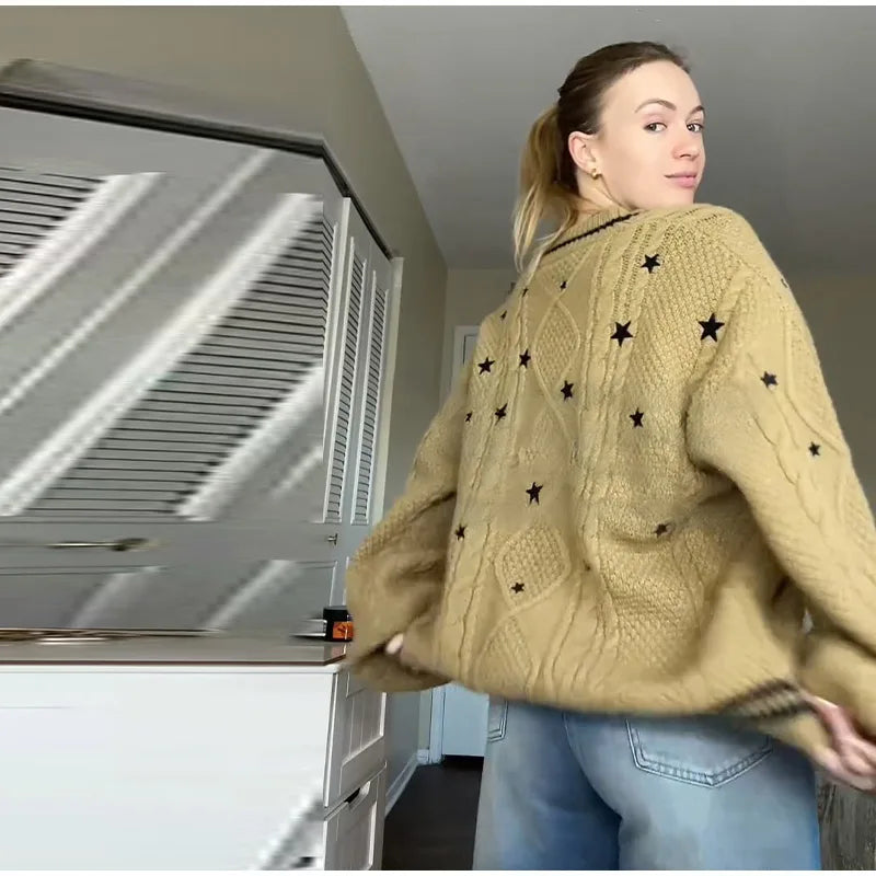 Elegant Star Print Knit Cardigan Women's Loose Long Sleeve Single Breasted Sweater 2025 Autumn Lady Fashion Soft Cozy Cover Up