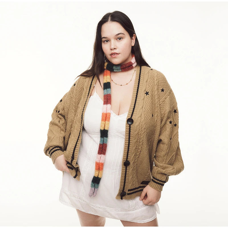 Elegant Star Print Knit Cardigan Women's Loose Long Sleeve Single Breasted Sweater 2025 Autumn Lady Fashion Soft Cozy Cover Up
