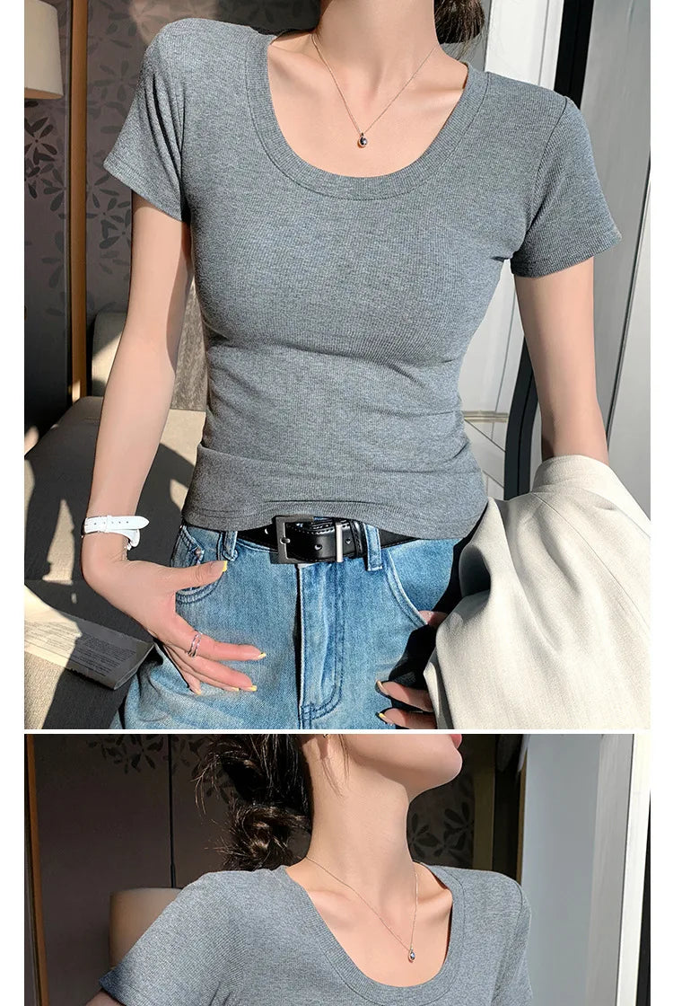 BIVIGAOS Summer New Solid Color U-Neck Short Sleeve T-Shirt Women Casual Fashionable Threaded Cotton Slim Tshirt Top