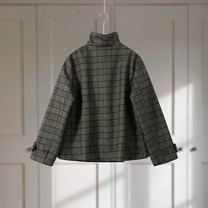 Elegant Plaid Woolen Jacket Women Loose Full Sleeve Stand Collar Double Breasted Coat Female 2026 Spring Chic Outwear Lady New