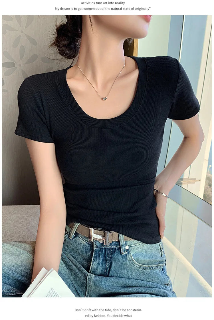 BIVIGAOS Summer New Solid Color U-Neck Short Sleeve T-Shirt Women Casual Fashionable Threaded Cotton Slim Tshirt Top