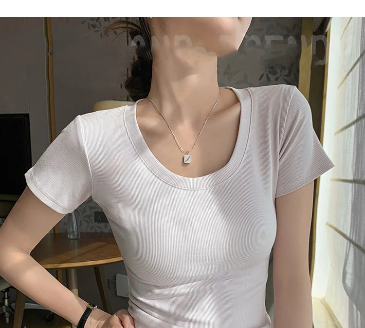 BIVIGAOS Summer New Solid Color U-Neck Short Sleeve T-Shirt Women Casual Fashionable Threaded Cotton Slim Tshirt Top