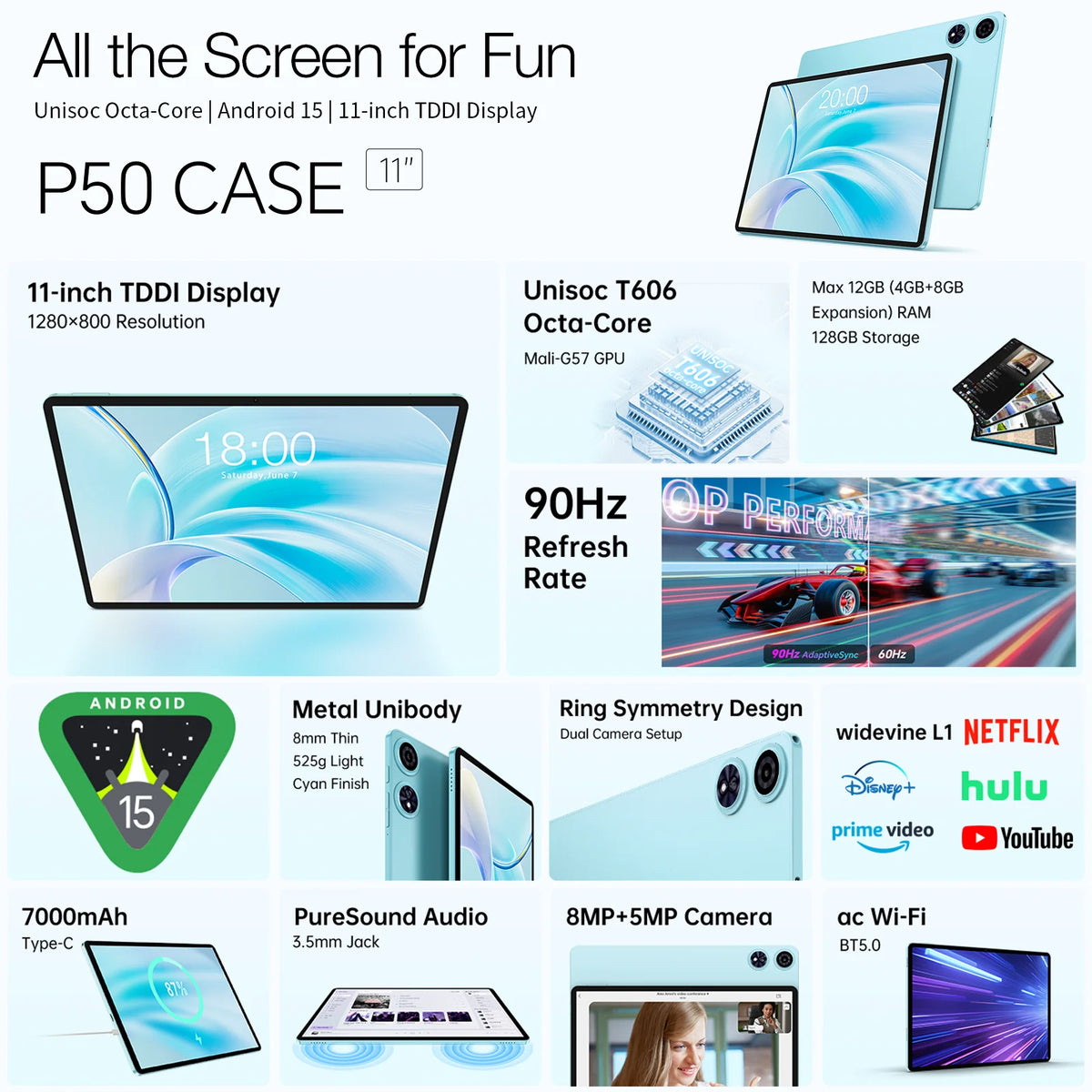 Teclast P50Case Tablet Android 15 11" 12GB(4GB+8GB) RAM 128GB ROM T606 8-Core 7000mAh P50 Case/Keyboard/Mouse/Stylus/Headphone