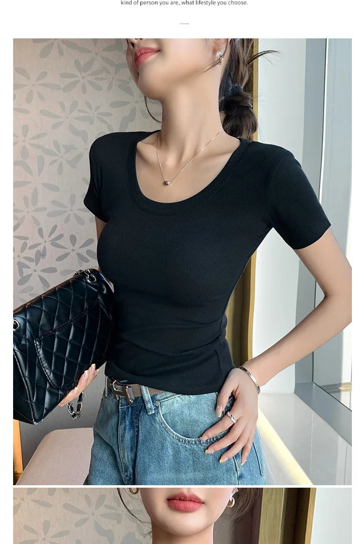 BIVIGAOS Summer New Solid Color U-Neck Short Sleeve T-Shirt Women Casual Fashionable Threaded Cotton Slim Tshirt Top