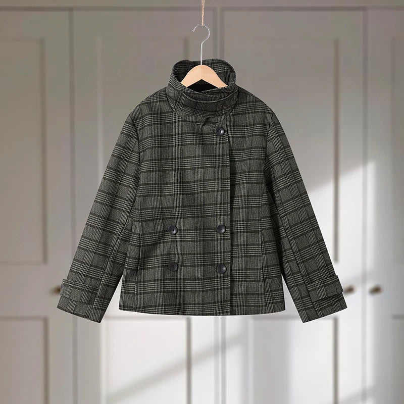 Elegant Plaid Woolen Jacket Women Loose Full Sleeve Stand Collar Double Breasted Coat Female 2026 Spring Chic Outwear Lady New