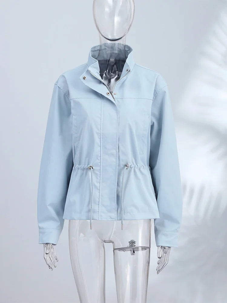 Fashion Solid Drawstring Waist Cinching Jacket Women Stand Full Sleeve Full Sleeve Pocket Jackets 2026 Autumn Casual Outwear