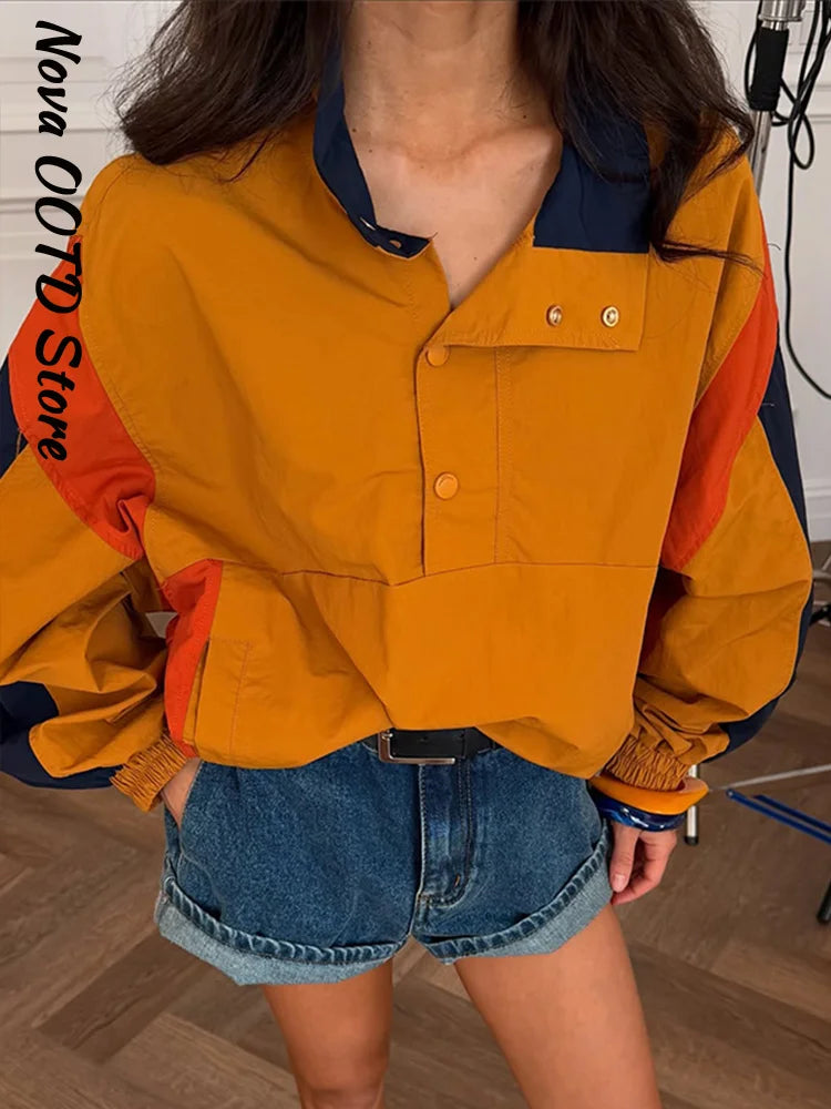 Fashion Color Blocking Women's Cropped Coats Autumn Patchwork Lapel Full Sleeve Loose Jacket New Casual Street Outwear 2026