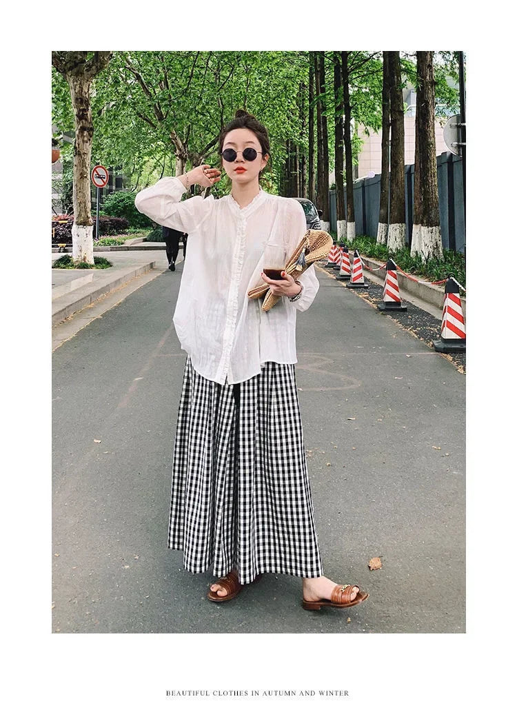 Plaid Wide-leg Skort Women's Spring Autumn New Elastic Waist A- line Half Umbrella Skirt Loose-fit Versatile Casual Trousers