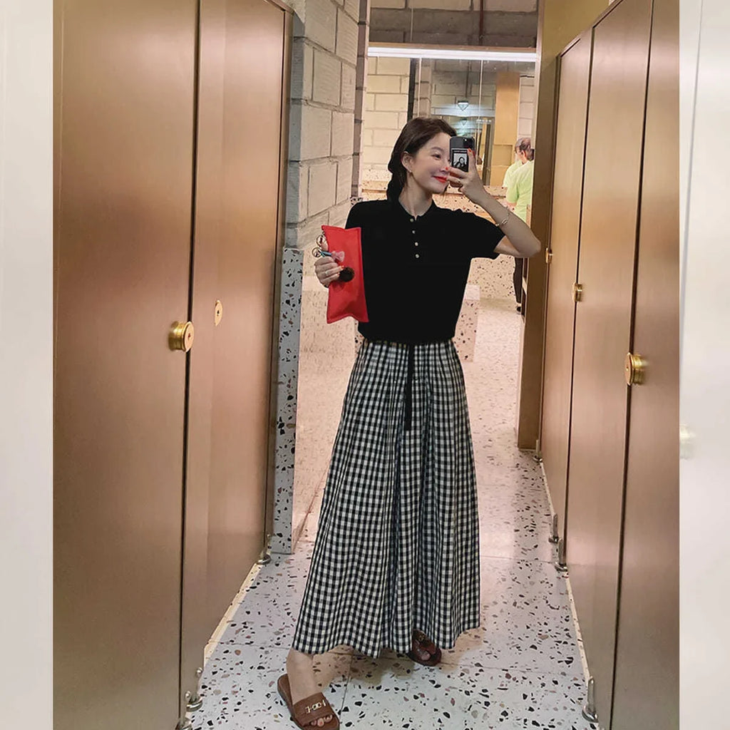 Plaid Wide-leg Skort Women's Spring Autumn New Elastic Waist A- line Half Umbrella Skirt Loose-fit Versatile Casual Trousers
