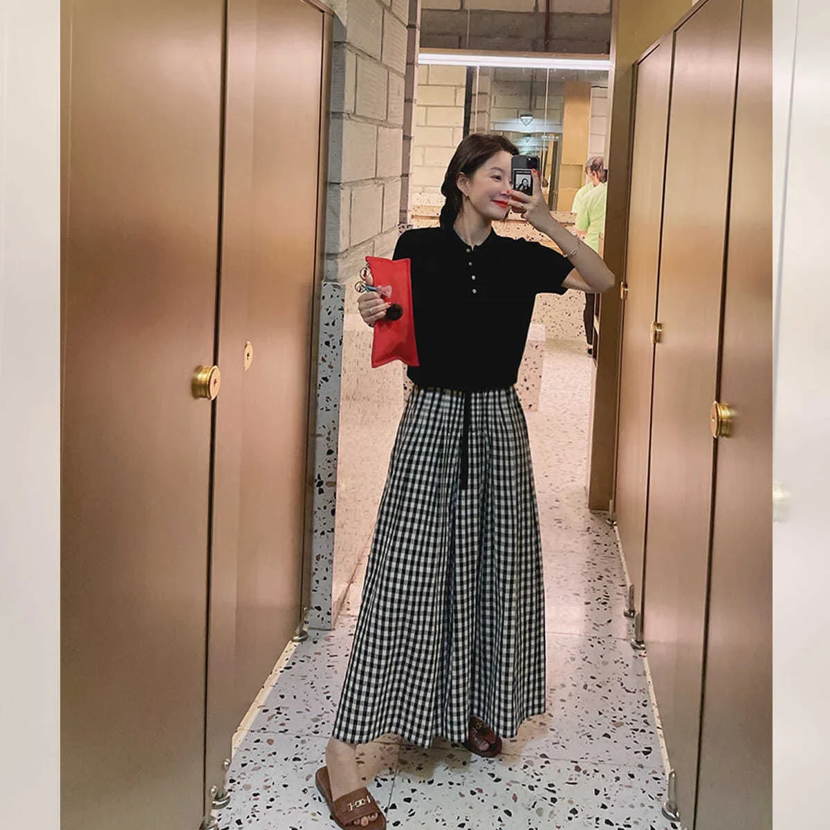 Plaid Wide-leg Skort Women's Spring Autumn New Elastic Waist A- line Half Umbrella Skirt Loose-fit Versatile Casual Trousers