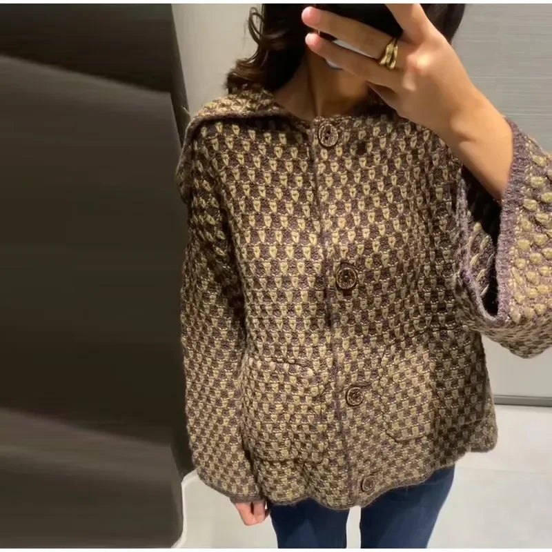 Fashion Lapel Plaid Knit Cardigan Women Loose Single Breasted Pocket Warm Jackets 2025 Autumn Winter Chic Lady Knitwear New Coat